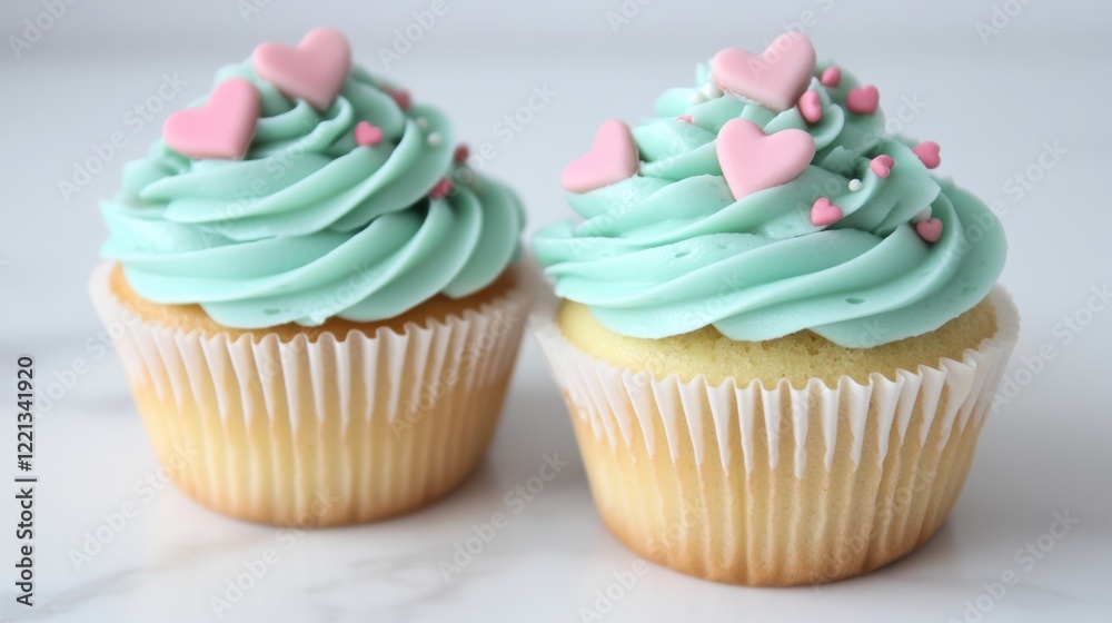 Two delightful cupcakes adorned with blue frosting and pink hearts, perfect for Valentine's Day celebrations. Two delightful cupcakes adorned with blue frosting and pink hearts, perfect for Valentine's Day celebrations.