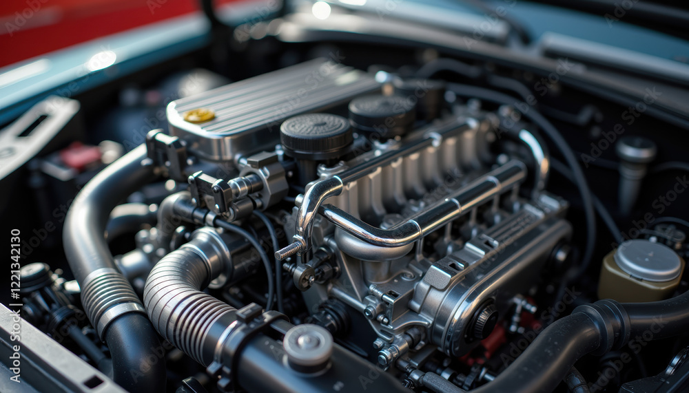 Industrial aesthetic of an internal combustion engine encapsulating the synergy of performance and technology in the automotive sector. Industrial aesthetic of an internal combustion engine encapsulating the synergy of performance and technology in the automotive sector.