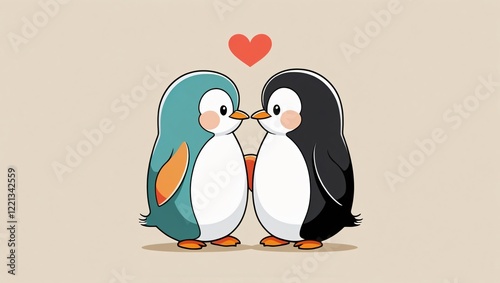 Cute Cartoon Penguins with Affectionate Heart Symbol, Valentines Day, Generative AI.