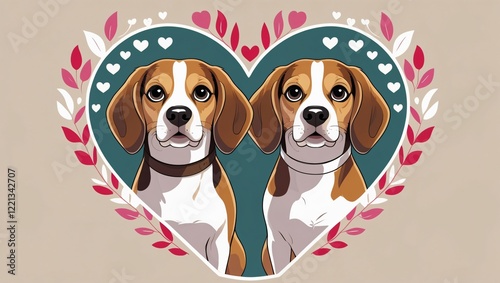 Adorable Cartoon Beagle Dogs in Heart Frame with Teal Background, Generative AI.