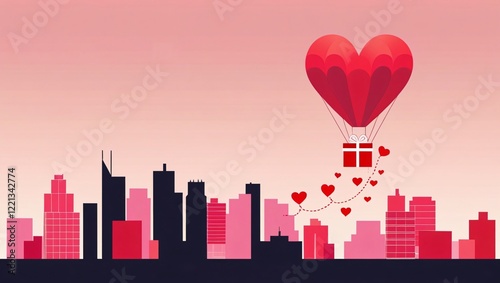Romantic Cityscape with Heart-Shaped Hot Air Balloon and Small Hearts, Generative AI.