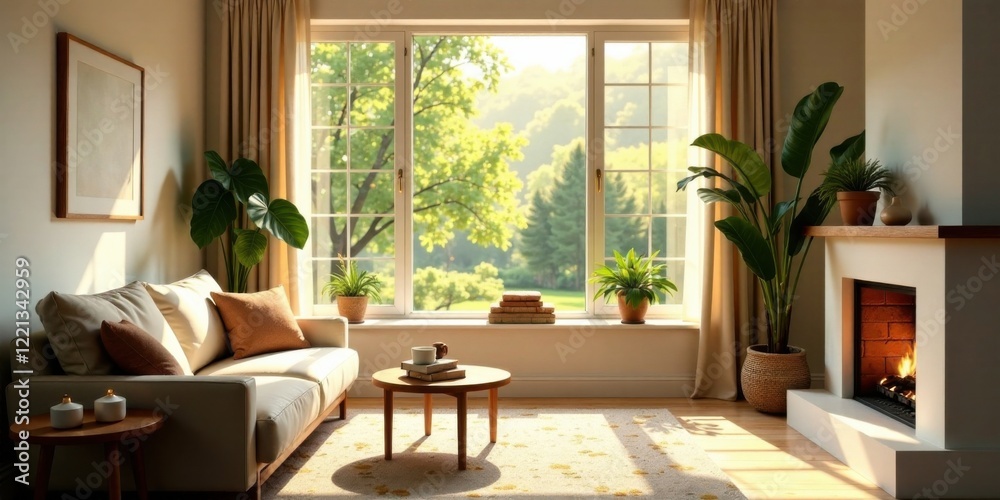 Obraz premium Serene living room interior design featuring a comfortable sofa, sunlight streaming through large windows, and a cozy fireplace, creating a relaxing and inviting atmosphere.