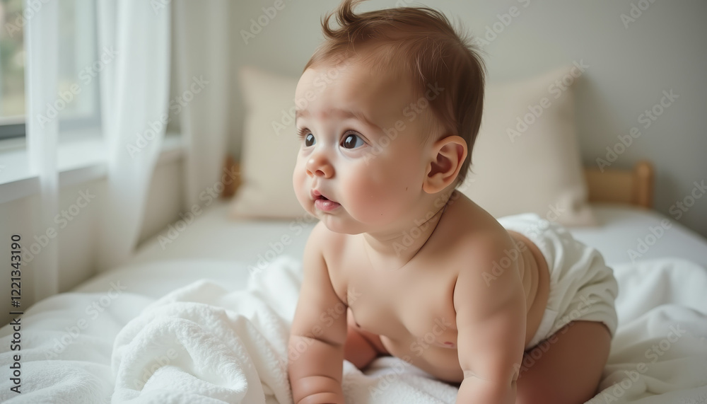 Charming baby in a diaper, crawling on soft bedding, embodying the joy and exploration of early childhood in a serene home environment. Charming baby in a diaper, crawling on soft bedding, embodying the joy and exploration of early childhood in a serene home environment.