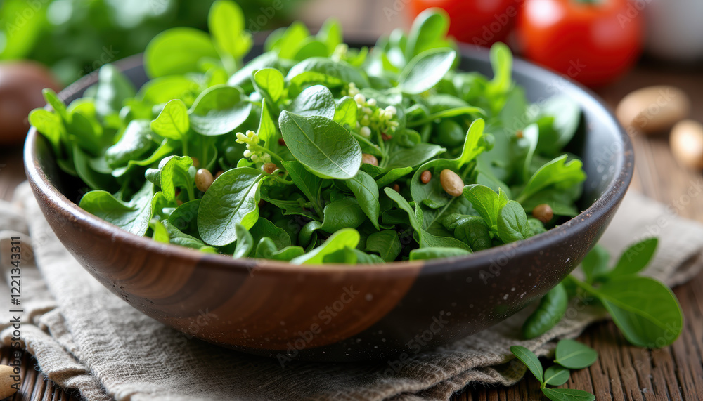 Bowl of fresh green salad garnished with onions and herbs, emphasizing the colorful and nutritious aspects of healthy salads for a spotlight on gourmet cuisine. Bowl of fresh green salad garnished with onions and herbs, emphasizing the colorful and nutritious aspects of healthy salads for a spotlight on gourmet cuisine.