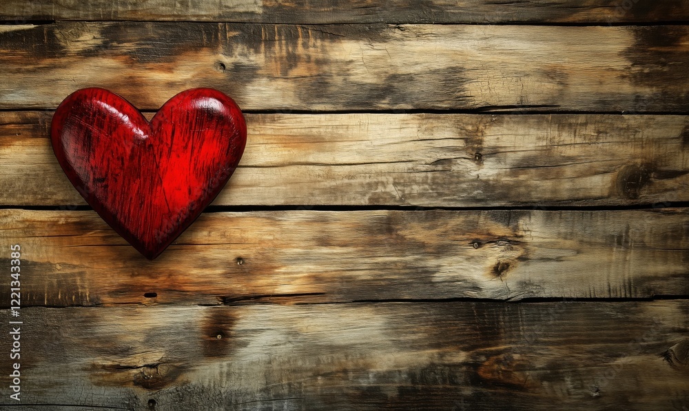 Red wooden heart on rustic wooden background, symbolizing love and affection Red wooden heart on rustic wooden background, symbolizing love and affection