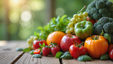 Fresh fruits and vegetables are beautifully arranged on a wooden table in natural light, symbolizing a healthy diet.