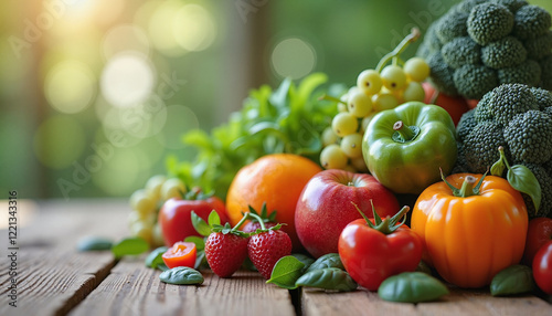 Fresh fruits and vegetables are beautifully arranged on a wooden table in natural light, symbolizing a healthy diet.