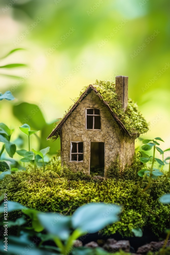 Miniature house covered in moss and greenery, symbolizing nature and sustainability, surrounded by vibrant green plants Miniature house covered in moss and greenery, symbolizing nature and sustainability, surrounded by vibrant green plants