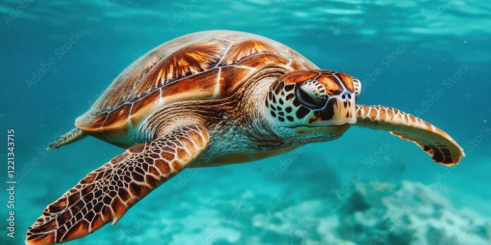 Fototapeta premium A vibrant sea turtle glides gracefully through clear turquoise waters, showcasing its intricate shell patterns and serene underwater environment.