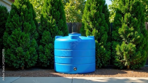 A vibrant blue water storage tank rests serenely amidst a verdant backdrop of meticulously manicured evergreen shrubs, providing a picturesque scene of outdoor domestic utility.