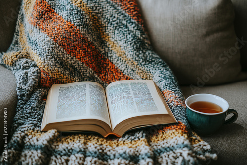 Photo d'un coin lecture cosy avec plaid, livre ouvert et source de lumière, ambiance cocooning hivernale et chaleureuse photo