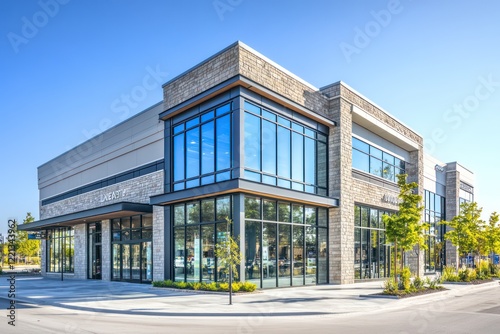 A modern, open-concept retail building with expansive glass windows, polished stone finishes, and clean lines