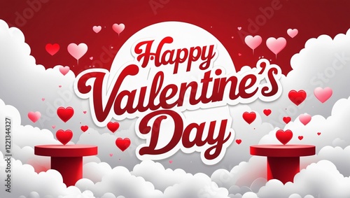 Romantic Digital Illustration for Valentines Day with Red Clouds, Hearts, and Text, Generative AI.