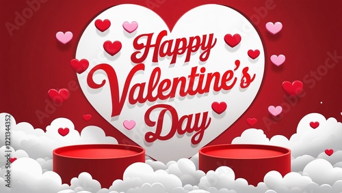 Romantic Digital Illustration for Valentines Day with Red Clouds, Hearts, and Text, Generative AI.