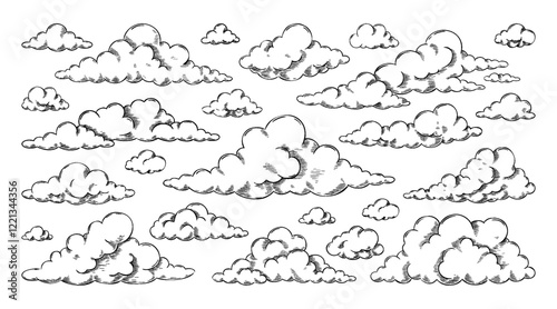 Cloud sketch. Vintage hand draw sky isolated element, retro line art or sketchy nature rain, wind. Outdoor ink cloudy storm, engraving pencil drawing, minimal graphic. Vector doodle set