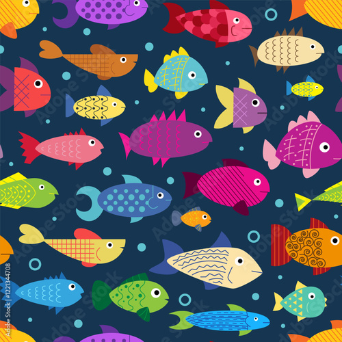 Fish seamless pattern. Decor textile, wrapping paper, wallpaper. Marine print for fabric. Undersea doodle characters. Underwater goldfish. Vector cartoon flat isolated childish illustration