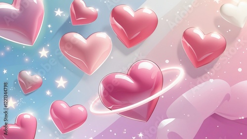 Dreamy Digital Illustration of Floating Hearts with Glows and Sparkles, Generative AI.