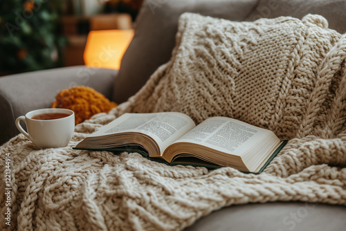 Photo d'un coin lecture cosy avec plaid, livre ouvert et source de lumière, ambiance cocooning hivernale et chaleureuse