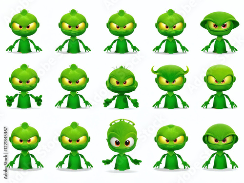 Various green cartoon characters with distinct expressions and poses, showcasing creativity and playfulness in design photo