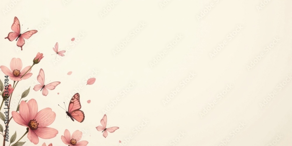 Delicate Pink Blossoms and Butterflies on a Soft Background A Serene Springtime Image Delicate Pink Blossoms and Butterflies on a Soft Background A Serene Springtime Image