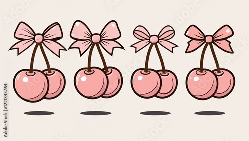 Stylized Valentines Day Cherries with Bows, Cartoonish and Playful, Generative AI.