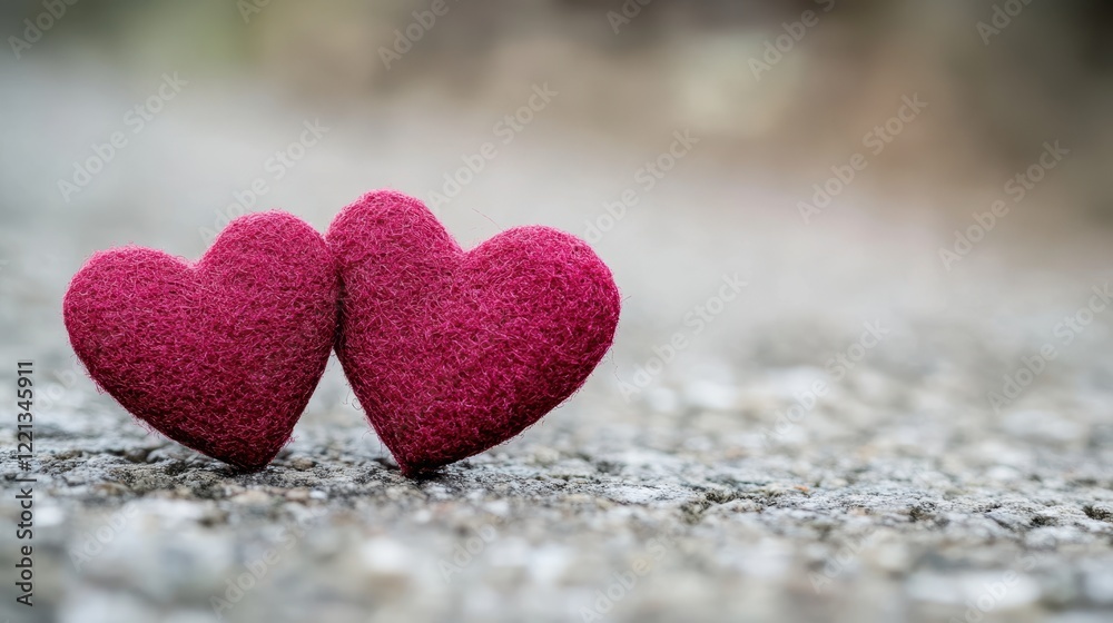 Fototapeta premium Two vibrant red hearts rest on the ground, symbolizing love and affection for Valentine's Day.