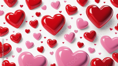 Valentines Day Digital Illustration of Glossy Red and Pink Hearts on White Background, Generative AI.