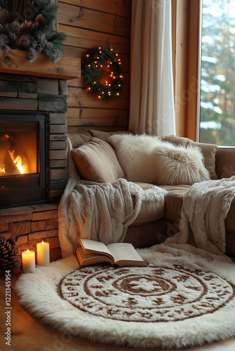 Photo d'un coin lecture cosy avec plaid, livre ouvert et source de lumière, ambiance cocooning hivernale et chaleureuse photo