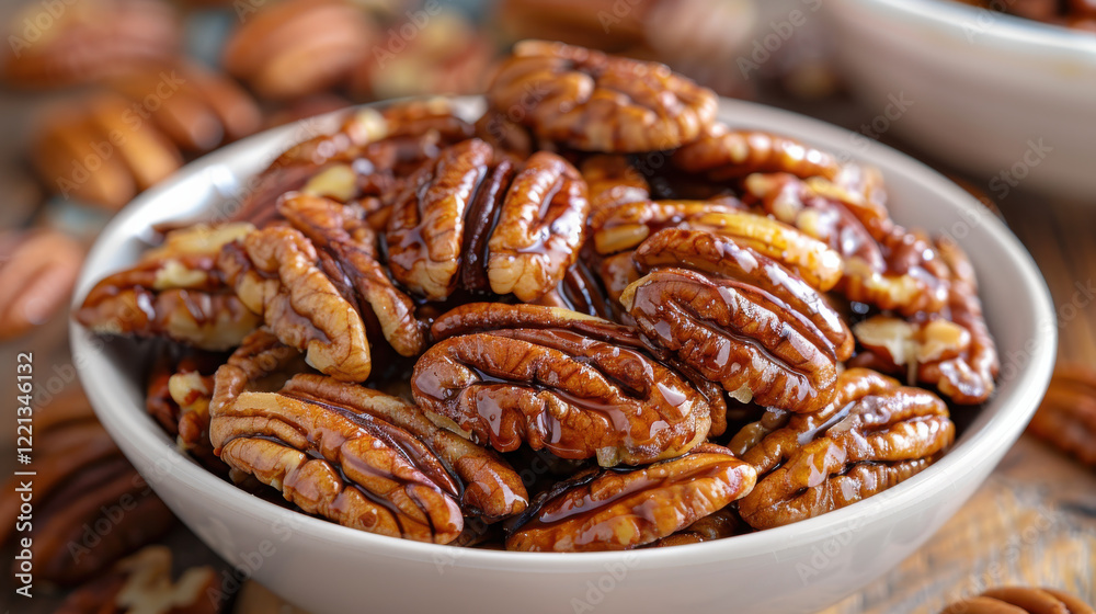 Homemade candied pecans with cinnamon in white bowl, showcasing their glossy texture and rich color, perfect for snacking or as dessert topping Homemade candied pecans with cinnamon in white bowl, showcasing their glossy texture and rich color, perfect for snacking or as dessert topping