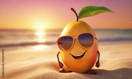 Cheerful cartoon mango with sunglasses enjoying a sunset on the beach