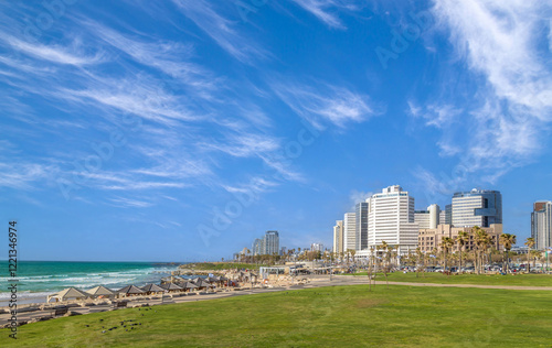 Scenic Israel Tel Aviv coastline seashore promenade with hotels and beaches near Old Jaffa port. photo