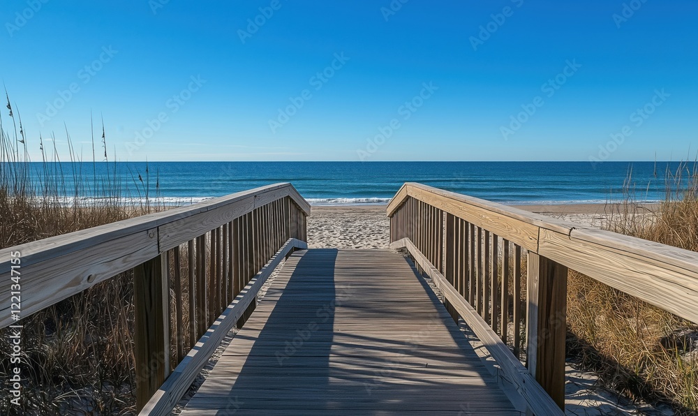Serene Beach Access Pathway Leading to Tranquil Ocean View Under Clear Blue Sky Serene Beach Access Pathway Leading to Tranquil Ocean View Under Clear Blue Sky
