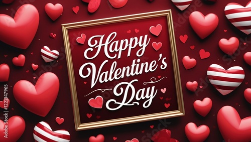 Valentines Day Digital Graphic with Gold-Outlined Frame and Festive Red Heart Shapes, Generative AI.