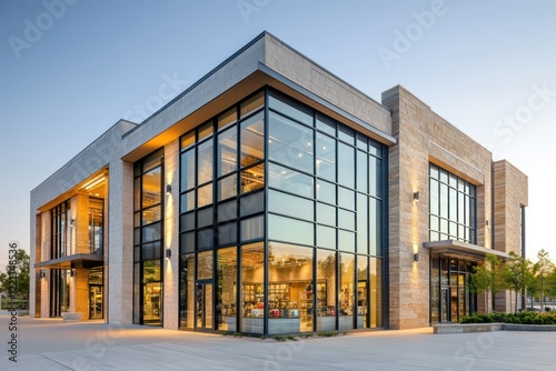 A modern retail building with large glass windows, polished stone surfaces, and subtle metal accents