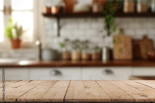 A kitchen interior, focusing on a wooden table or countertop in the foreground. The table has a natural wood finish with visible grain patterns. The ambiance is warm and inviting.
