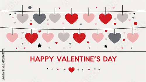 Minimalist Illustration with Hanging Hearts and Text Happy Valentines Day, Valentines Day 2025, generative ai.