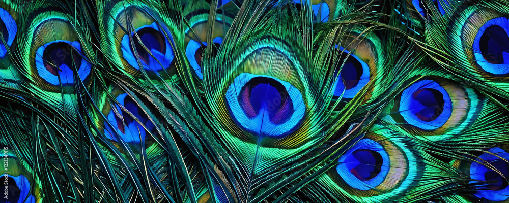 Obraz premium Vibrant peacock feathers display intricate patterns and colors in a natural setting during daylight hours