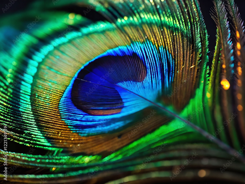 Naklejka premium Vibrant peacock feather displaying intricate patterns and colors with rich greens and blues in natural light
