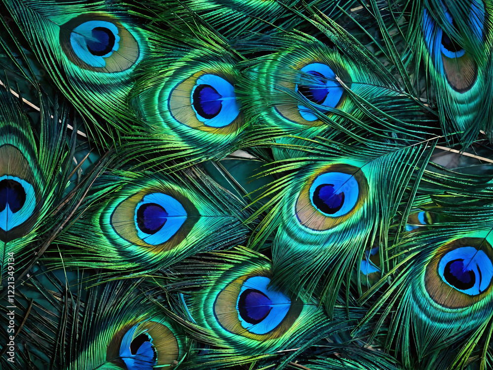 Fototapeta premium Vibrant peacock feathers showcasing intricate patterns of blue and green hues in natural light