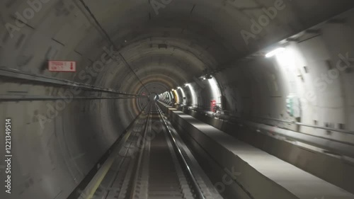 Driverless metro train moves through a well-lit underground tunnel featuring concrete walls and tracks. The tunnel is straight and lined with bright lights along its length, in Thessaloniki, Greece.