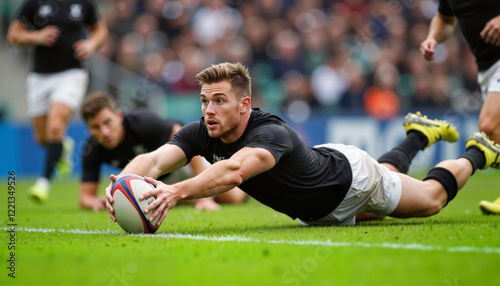 Focused rugby player scoring a try on the field, athletic triumph, Six Nations Cup