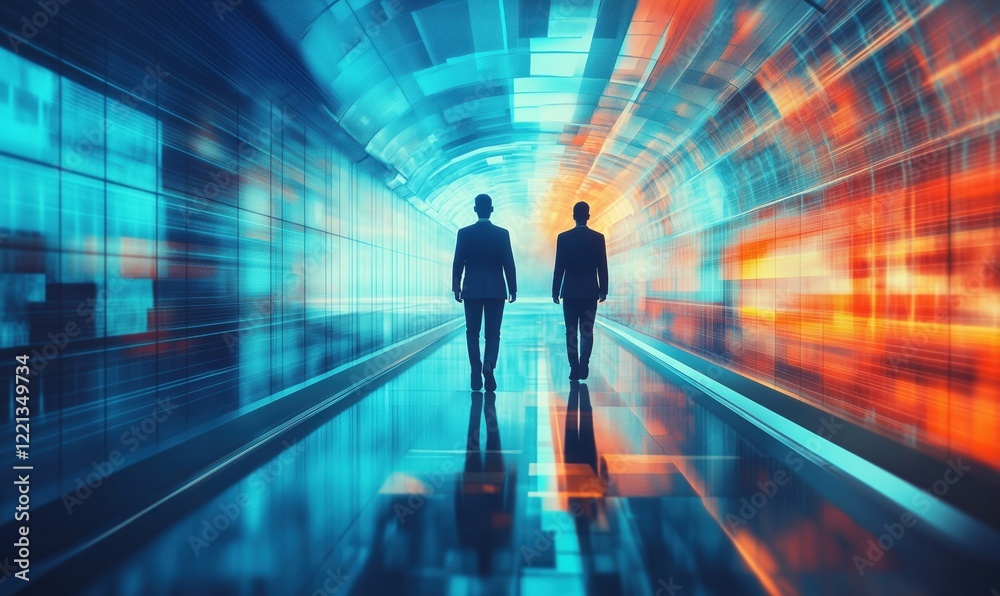 Silhouetted figures walking through futuristic tunnel with vibrant blue and orange light patterns, representing technology and innovation Silhouetted figures walking through futuristic tunnel with vibrant blue and orange light patterns, representing technology and innovation