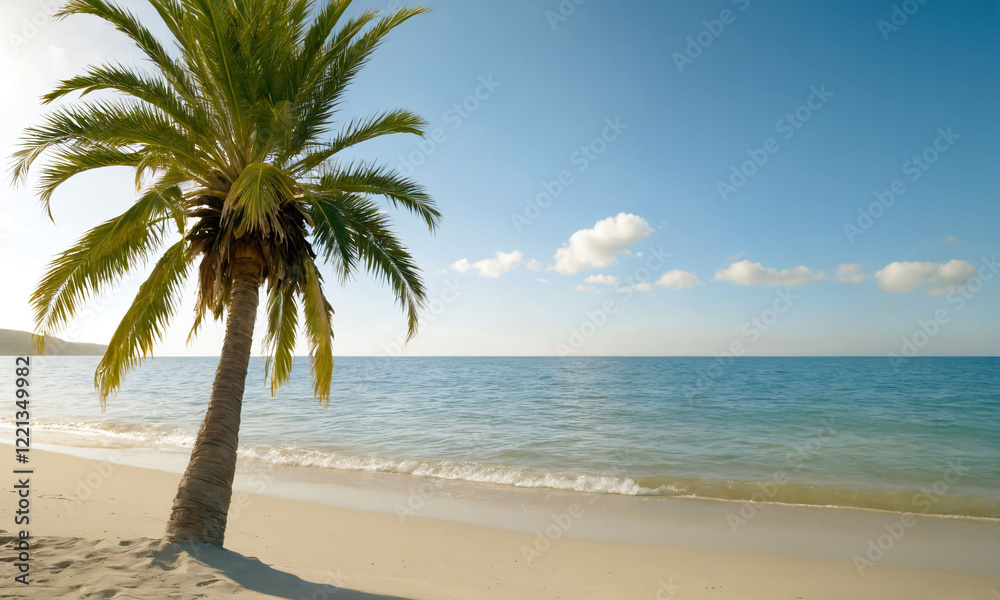 Obraz premium Tranquil beach setting with palm tree beside gentle waves under clear blue sky at sunset