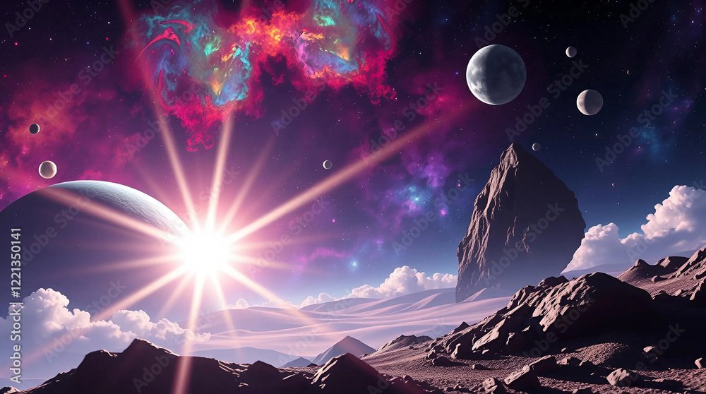 Fototapeta premium Dynamic Sci-Fi Space Scene with Planets and Starships
