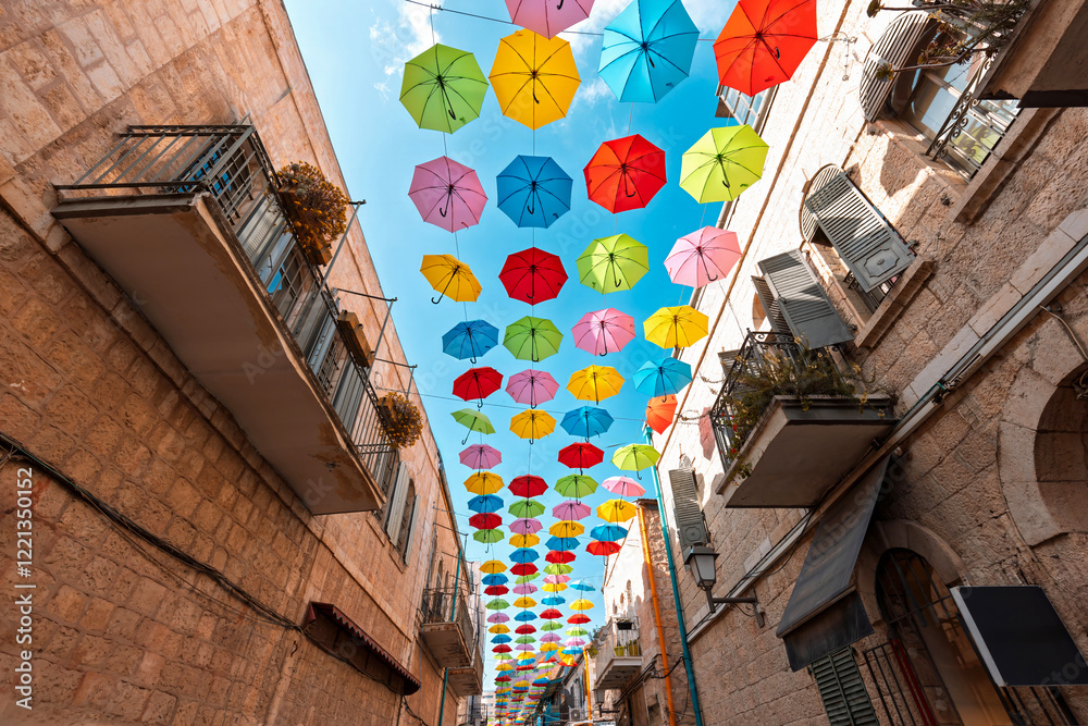 Jerusalem, Israel, Nahalat Shiva tourist promenade and colorful umbrella street of Old City.