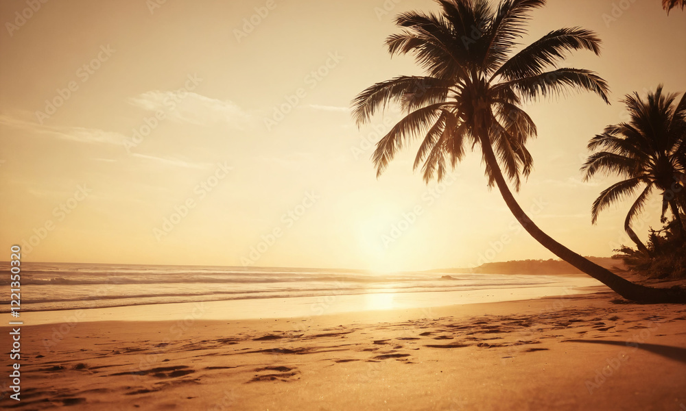 Beautiful sunset at a tranquil beach with palm trees swaying near gentle waves and soft sand in a serene atmosphere Beautiful sunset at a tranquil beach with palm trees swaying near gentle waves and soft sand in a serene atmosphere