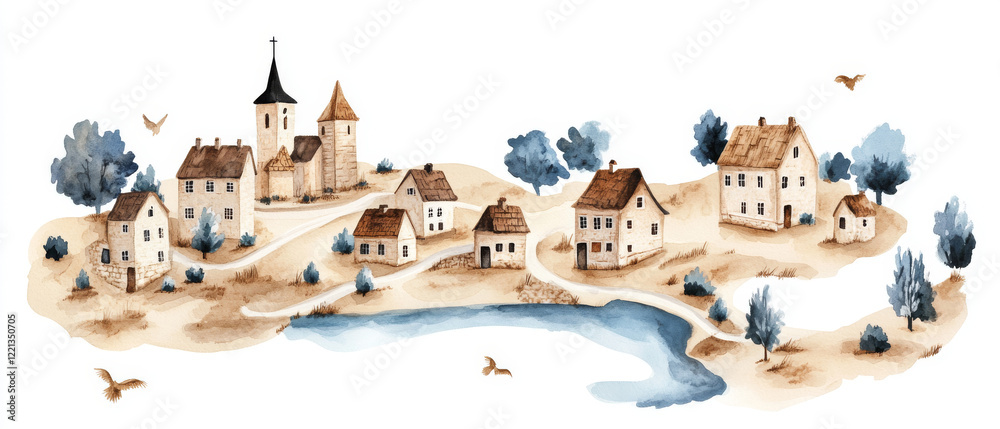 Obraz premium charming watercolor map of historic village with quaint houses, trees, and serene river. soft colors evoke peaceful atmosphere