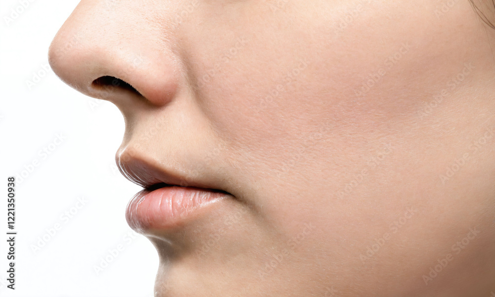 Close-up of a woman's profile highlighting her facial features with soft lighting against a neutral background Close-up of a woman's profile highlighting her facial features with soft lighting against a neutral background