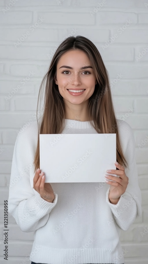 Smiling woman holding blank white card in cozy sweater against white brick wall, perfect for advertising or personal messages Smiling woman holding blank white card in cozy sweater against white brick wall, perfect for advertising or personal messages