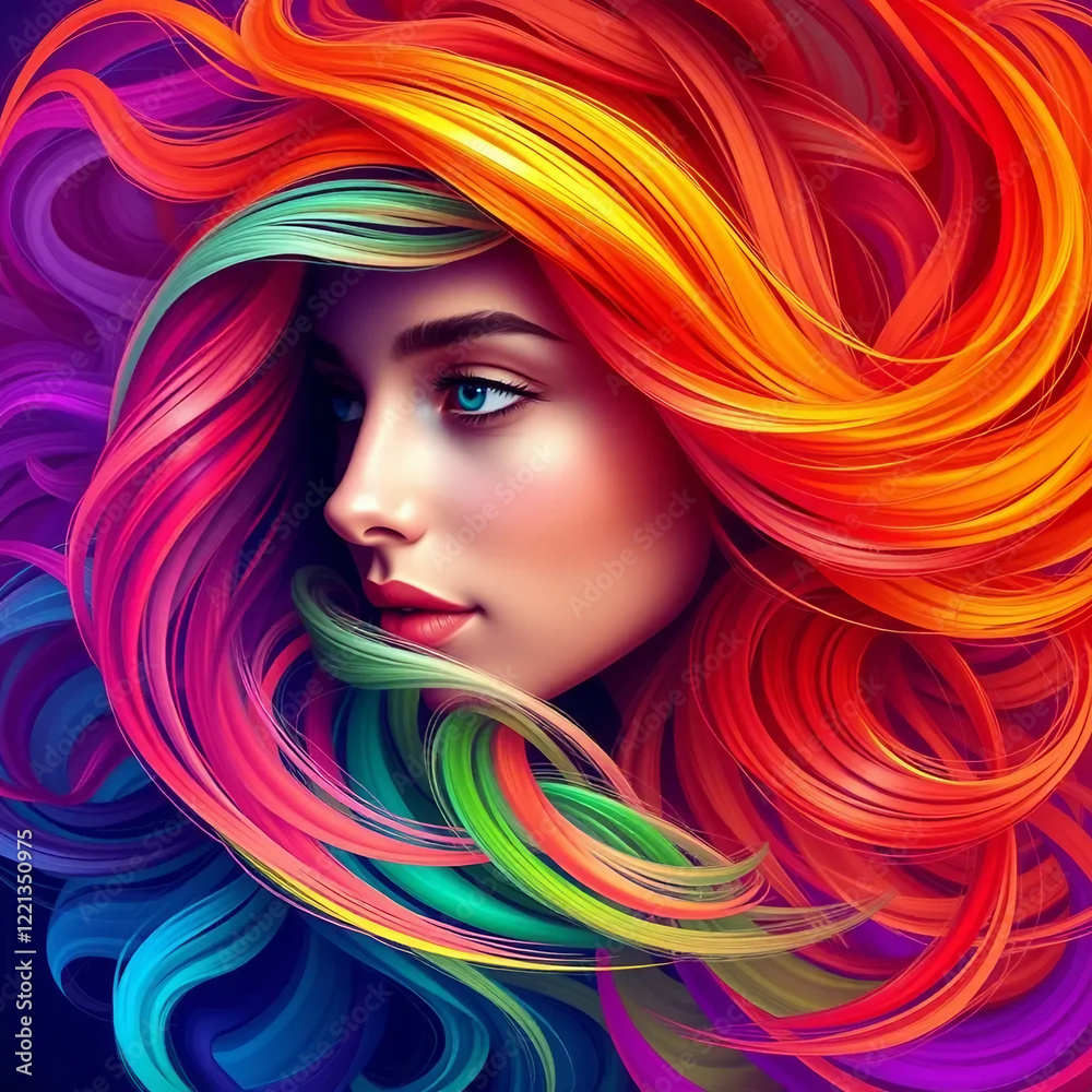 Glamorous portrait of a young woman with a beautiful hairstyle. Beauty salon poster. Pretty girl with long multi-colored hair fluttering in the wind. Glamorous portrait of a young woman with a beautiful hairstyle. Beauty salon poster. Pretty girl with long multi-colored hair fluttering in the wind.